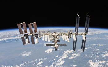 The ISS, photographed from a Soyuz craft in 2018