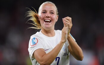 Beth Mead of England celebrates their side's win after the final whistle of the UEFA Women's Euro 2022 Semi Final match between England and Sweden at Bramall Lane on July 26, 2022 in Sheffield,