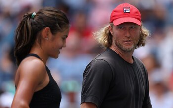 Emma Raducanu of Great Britain in a practice session with coach Dmitry Tursunov of Russia during previews for the 2022 US Open tennis at USTA Billie Jean King National Tennis Center on August 27, 2022 in the Flushing neighborhood of the Queens borough of New York City