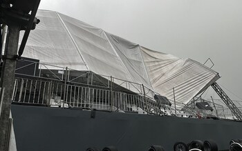 The collapsed grandstand at the Interlagos circuit’s final corner in Sao Paulo