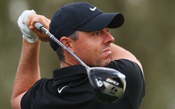 Rory McIlroy of Northern Ireland tees off on the second hole during the Pro-Am prior to the DP World Tour Championship on the Earth Course at Jumeirah Golf Estates on November 14, 2023 in Dubai, United Arab Emirates