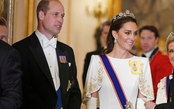 The Princess of Wales wears the Strathmore Rose tiara at Buckingham Palace on Tuesday evening